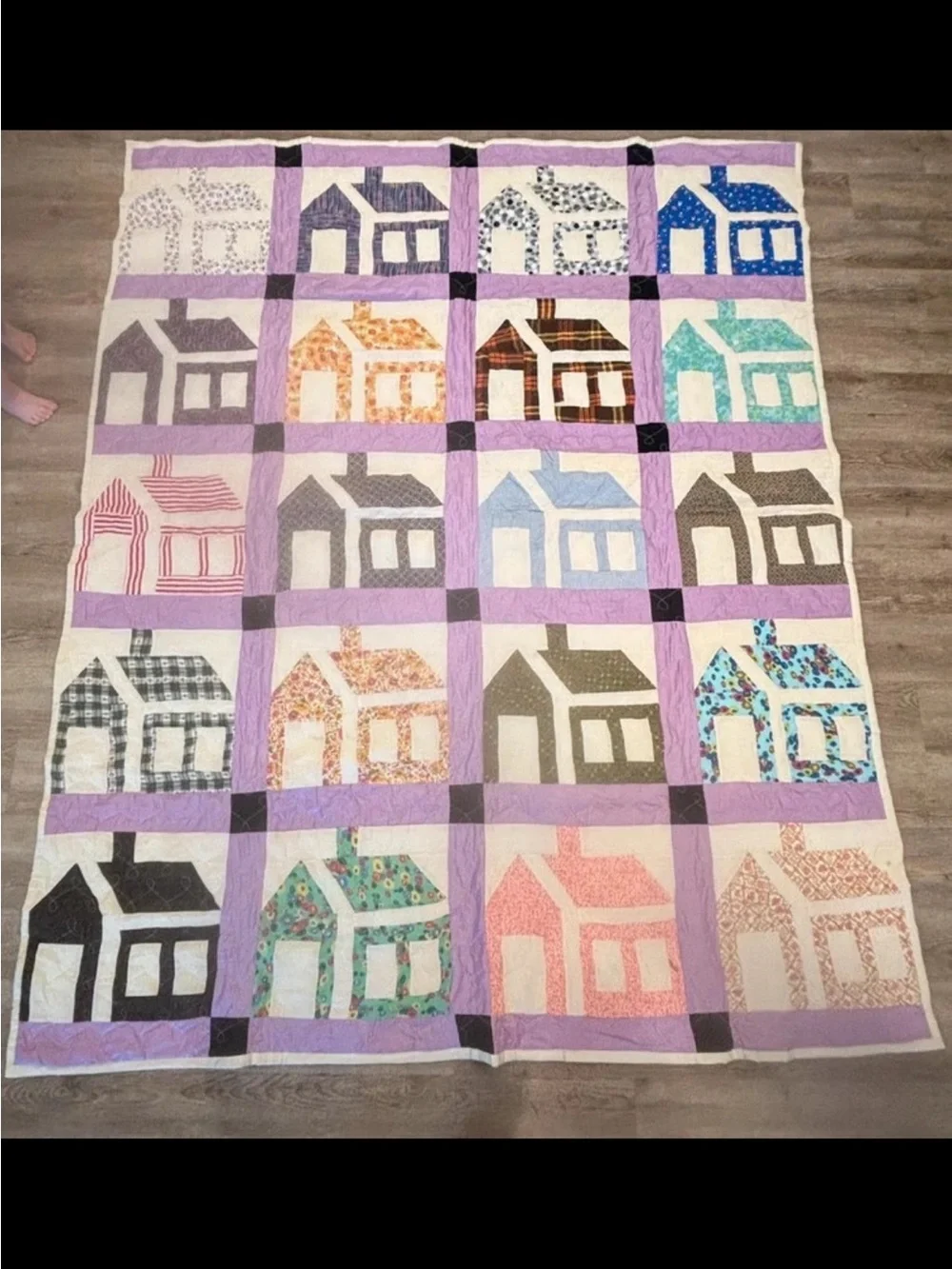 Handmade Multicolor House Patchwork Quilt - Purple Accent